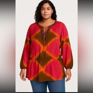 Michael Kors 1X Tie Dye Beaded Boho Blouse Top Festival Resort Wear
